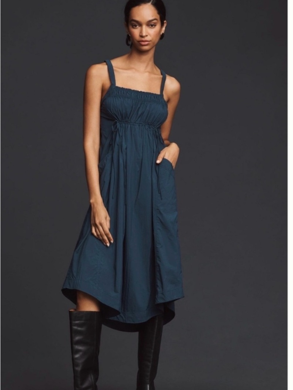 Smocked High-Low Midi Dress in Deep Teal